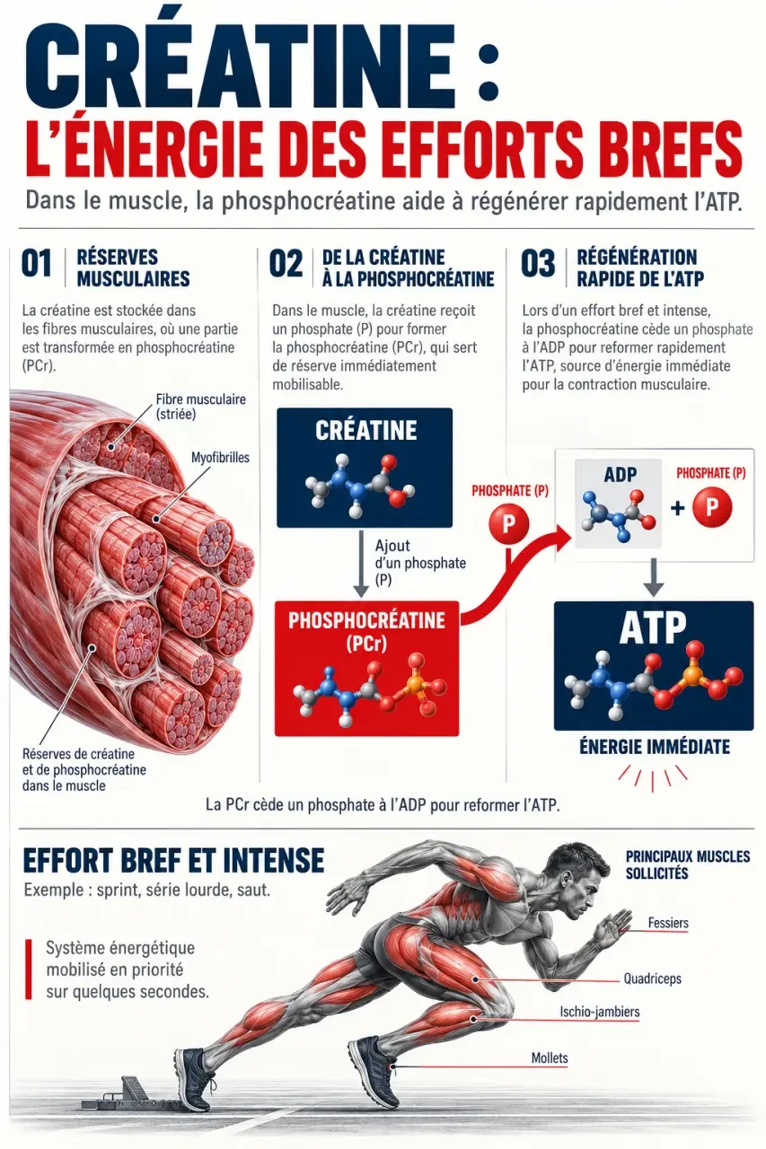 Créatine pour musculation : rôle de la phosphocréatine dans le renouvellement de l’ATP