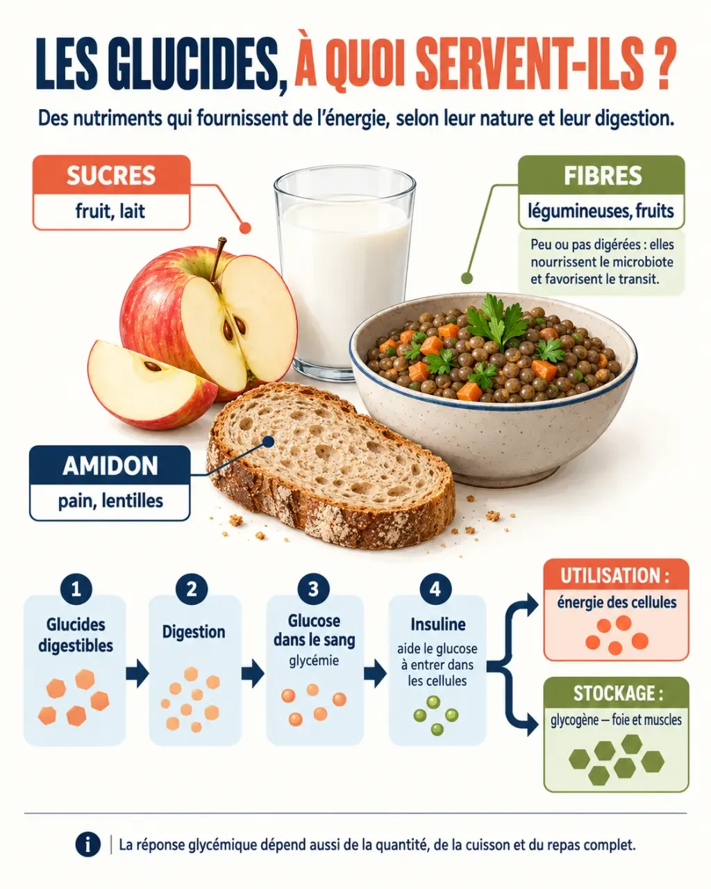 Infographie c'est quoi les glucides : sucres, amidon, fibres et transformation en glucose