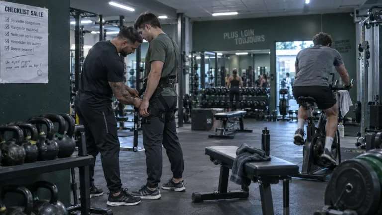 Musculation salon de provence : coach ajuste une sangle, salle et équipements
