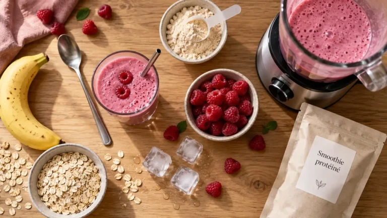 Smoothie proteine maison, smoothie rosé aux framboises et flocons d’avoine